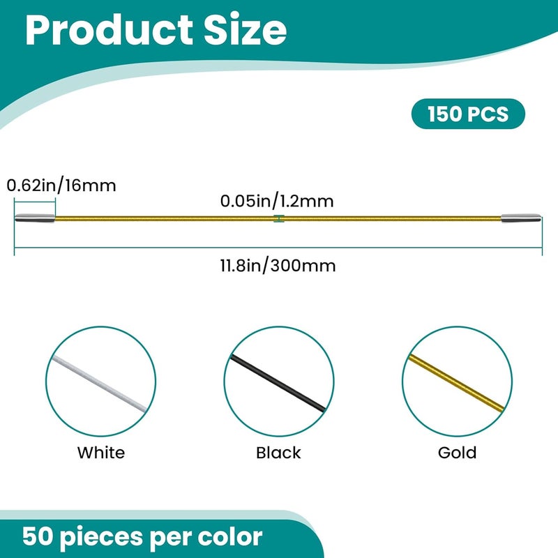 Catuy 150Pcs 11.8 Inch Elastic Barbed Cords with Metal Ends, 3-Color (Black/White/Gold) Soft Stretch Round Loop String, Versatile for Mask Making, DIY Crafts, Party Hats - Image 2